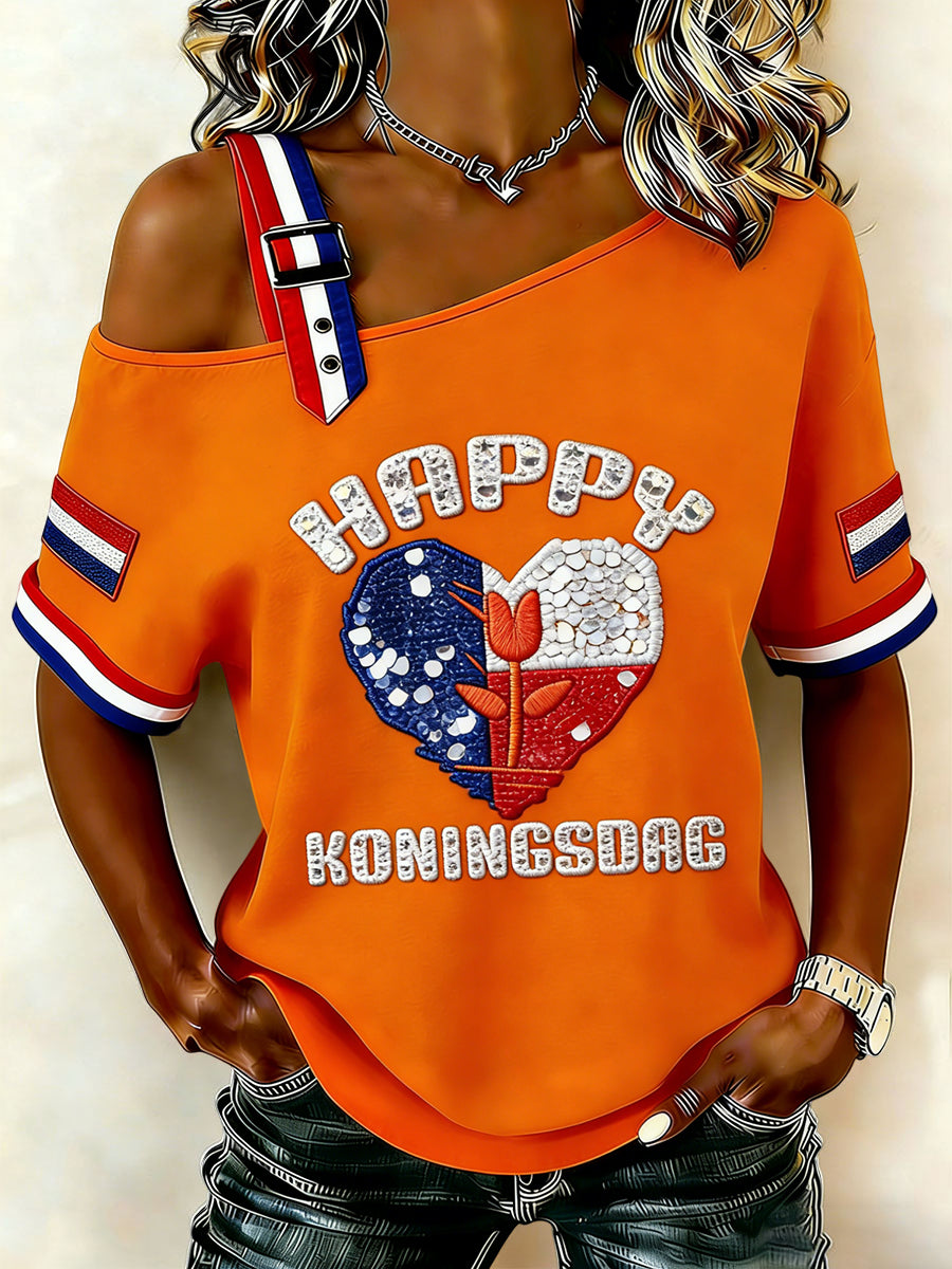 Dames Vintage Nederlandse Koningsdag Tulp Casual off-shoulder T-shirt