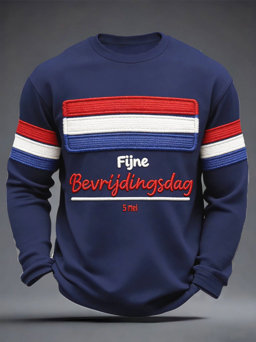 Heren Nederlandse Vlag Geborduurd Bevrldingsdag Print Marineblauw Casual T-shirt