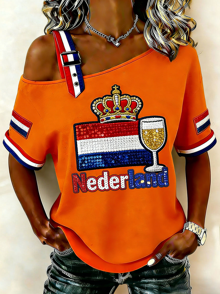 Dames vintage Nederlandse Koningsdagkroon casual off-shoulder t-shirt