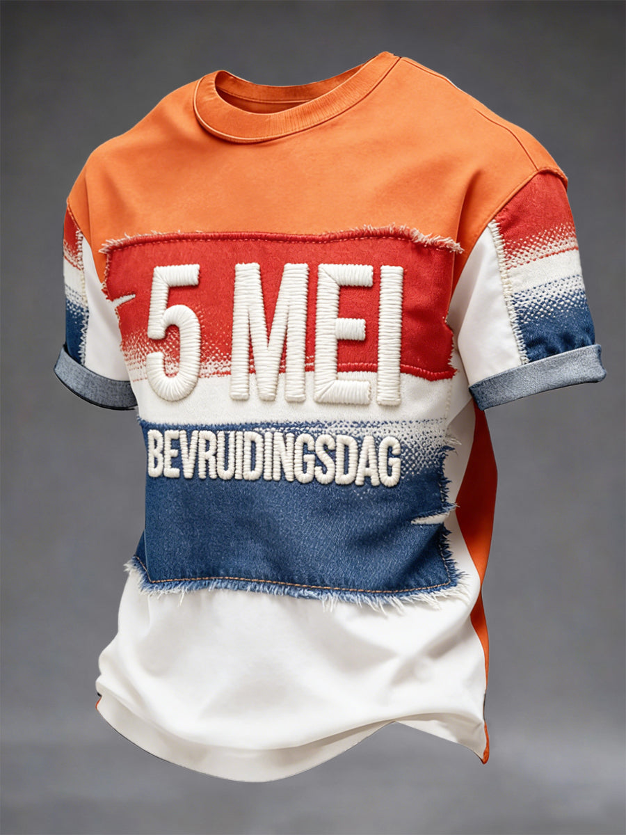 Nederlandse Vlag voor Heren Bevrijdingsdag Patchwork Print Casual T-shirt