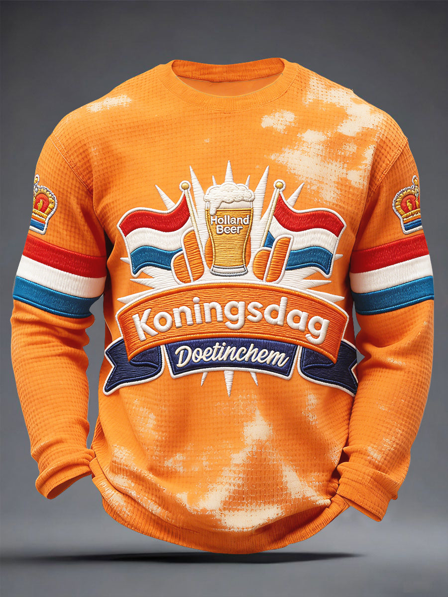 Heren Nederlandse Koningsdag Bier Vintage Print Casual Waffle Weave T-shirt met lange mouwen