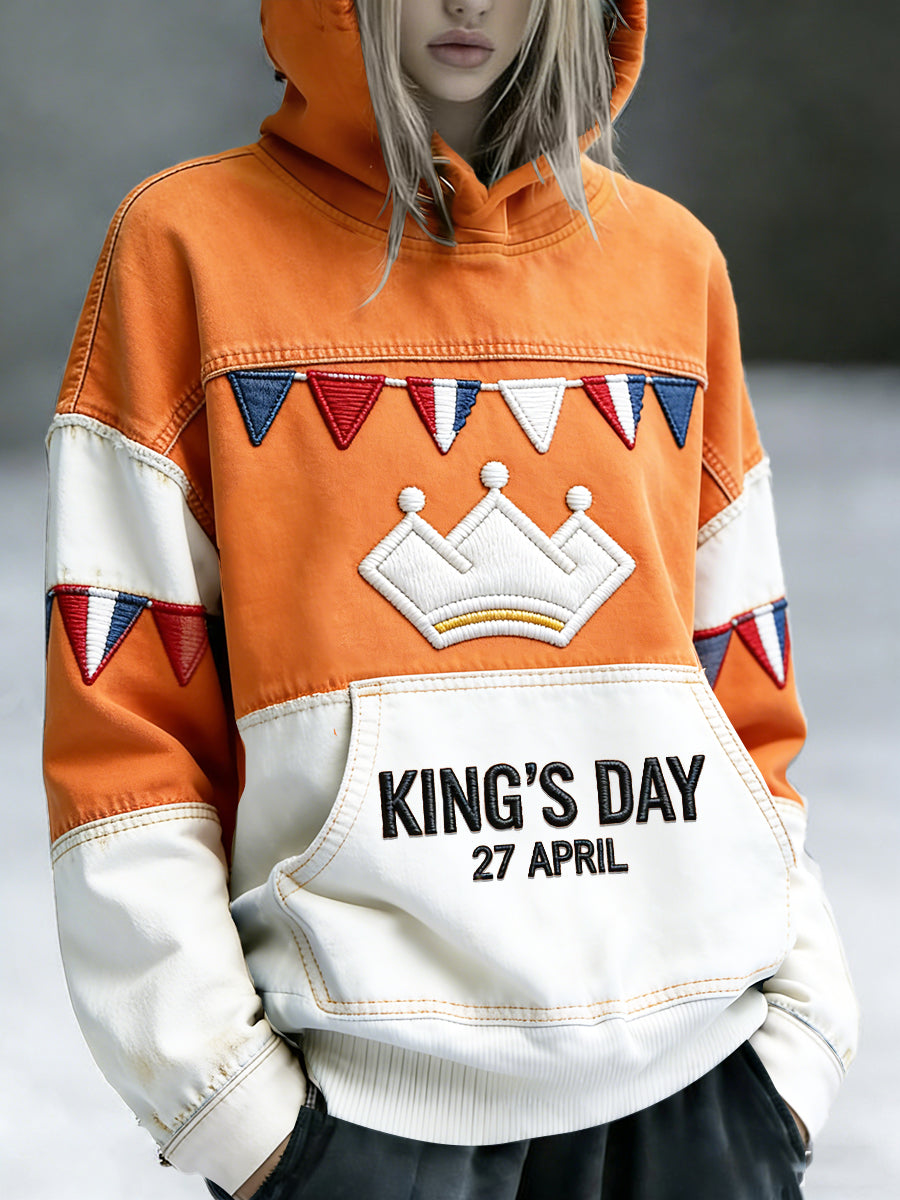 Dames Nederlandse koningsdag patchwork print casual sweatshirt met capuchon