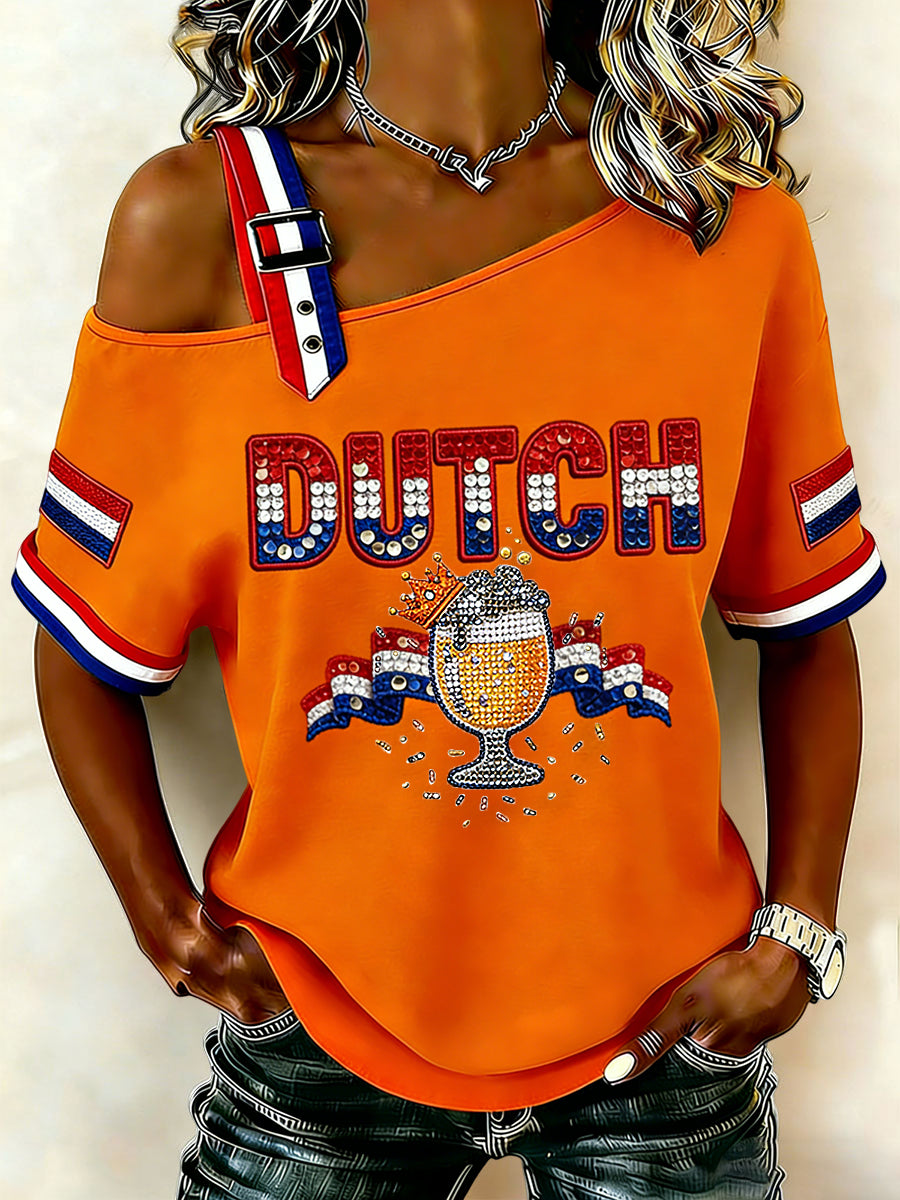 Dames Vintage Nederlandse Koningsdag Vlag Casual off-shoulder T-shirt