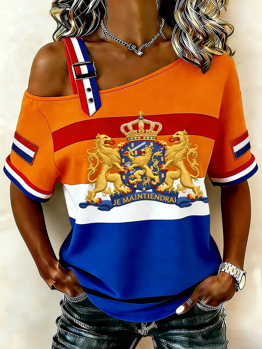 Dames Vintage Nederlandse Koningsdag Vlag Pin Casual off-shoulder T-shirt