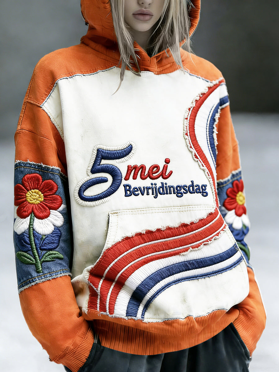 Dames Nederlandse Bevrijdingsdag Bloemen Patchwork Print Casual Sweatshirt met capuchon
