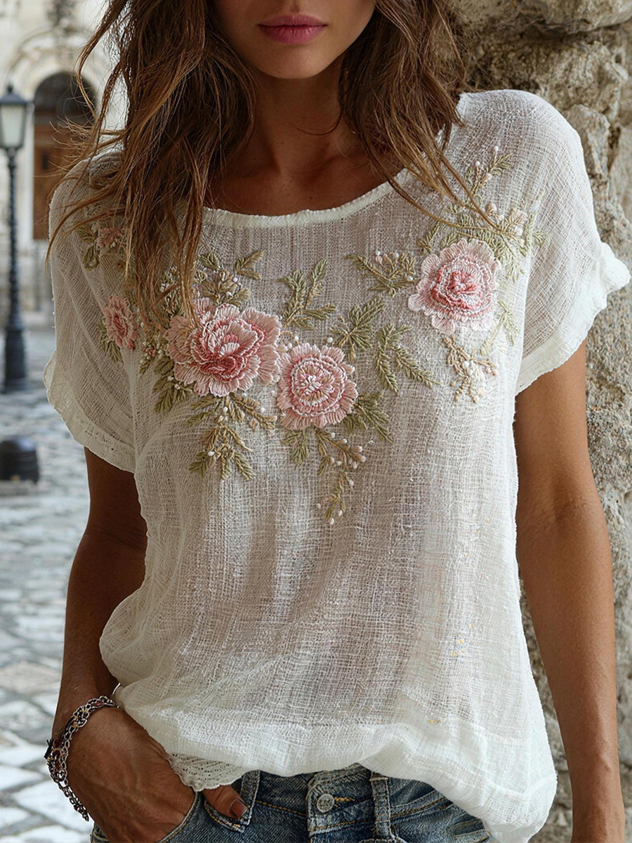 Dames bloemen borduurwerk patroon linnen blend shirt