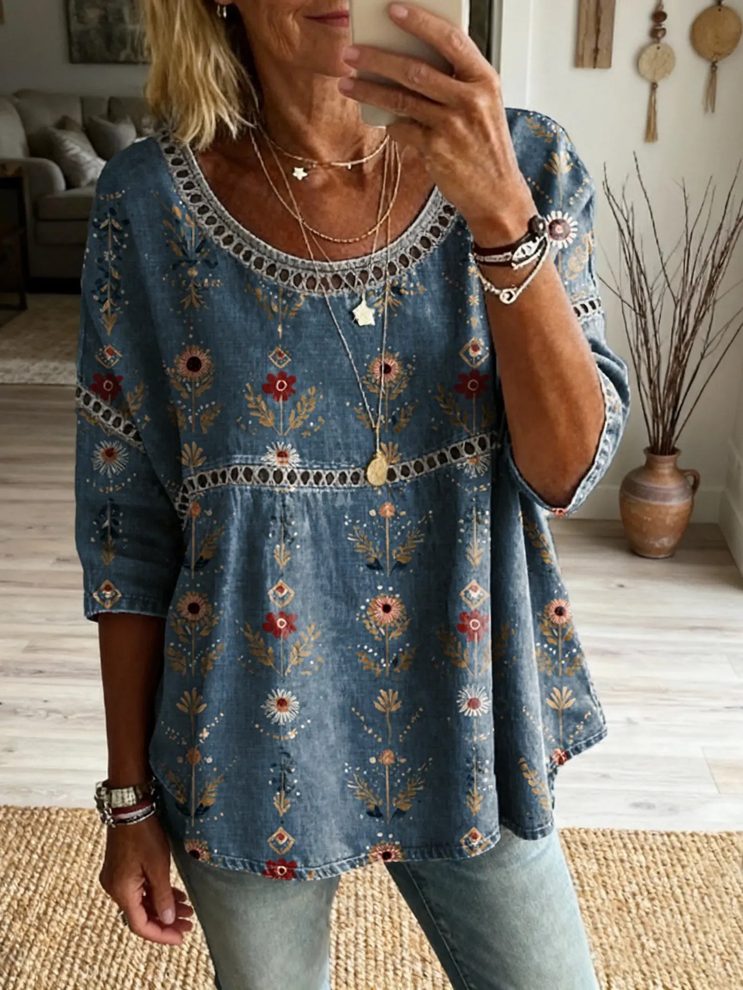 Kunstprint met bloemenpatroon voor dames met ronde hals