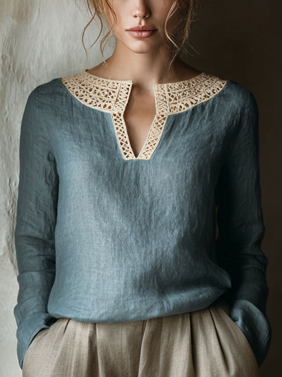 Vintage lace patchwork linnen overhemd voor dames