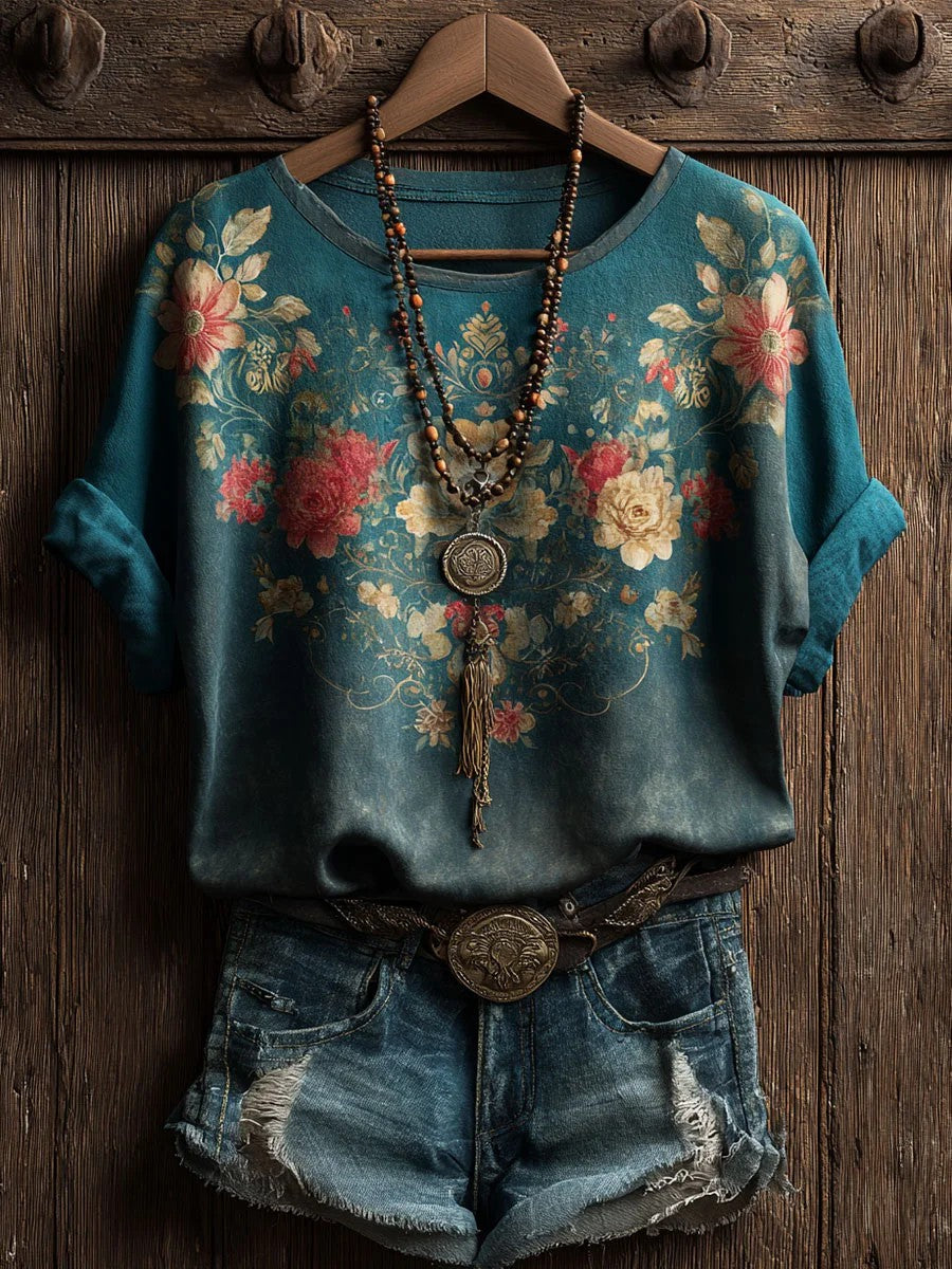 Dames vintage bloemenprint casual T-shirt met korte mouwen