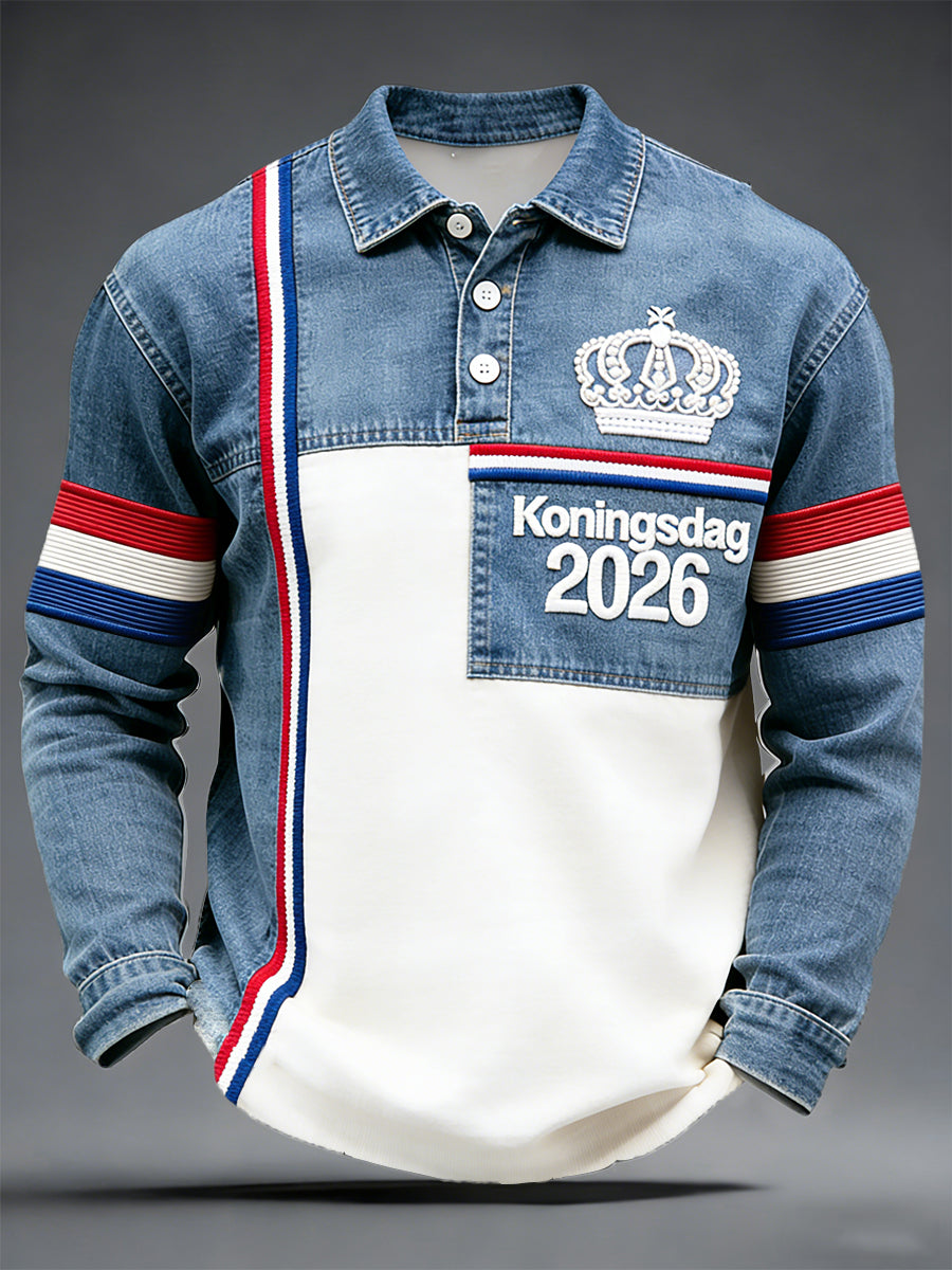 Nederlandse Koningsdag denim patchwork print poloshirt met lange mouwen
