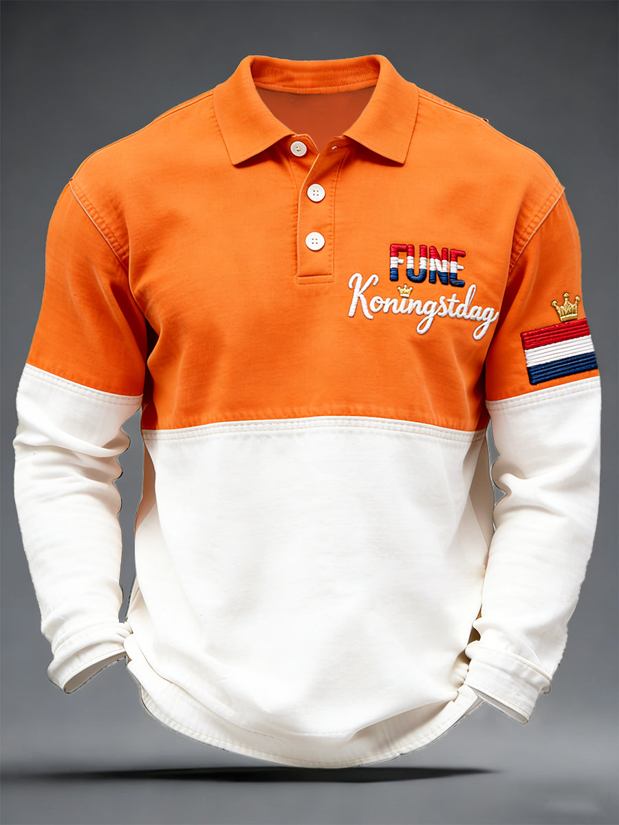 Nederlandse Koningsdag patchwork print minimalistisch poloshirt met lange mouwen