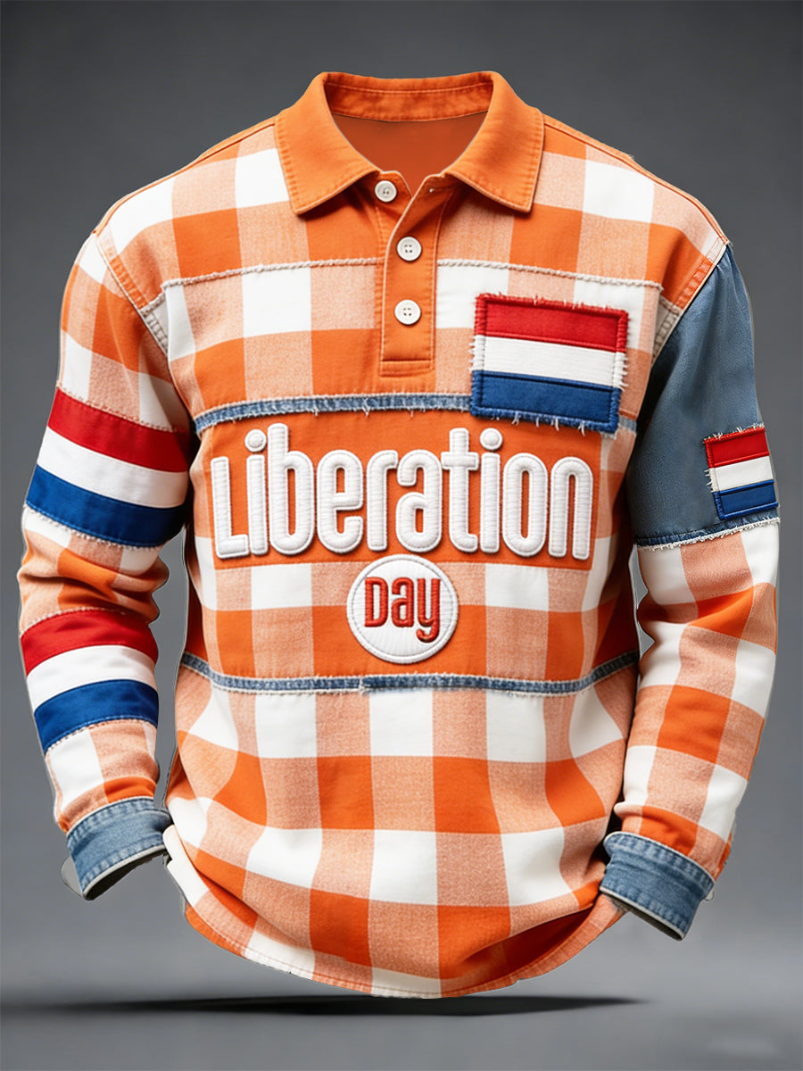 Nederlandse bevrijdingsdag Tartan patchwork print casual poloshirt met lange mouwen
