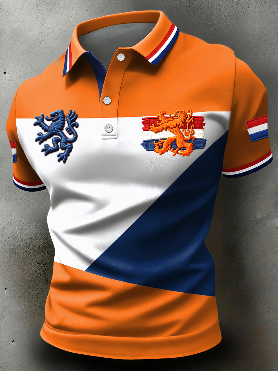 Retro Nederlandse Koningsdag Geometrische Patchwork Casual Poloshirt