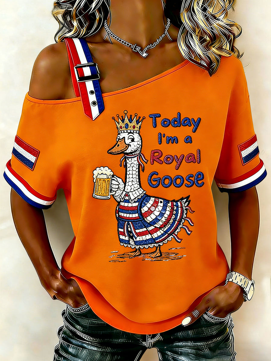 Dames Vintage Nederlandse Koningsdag Beer Casual off-shoulder T-shirt