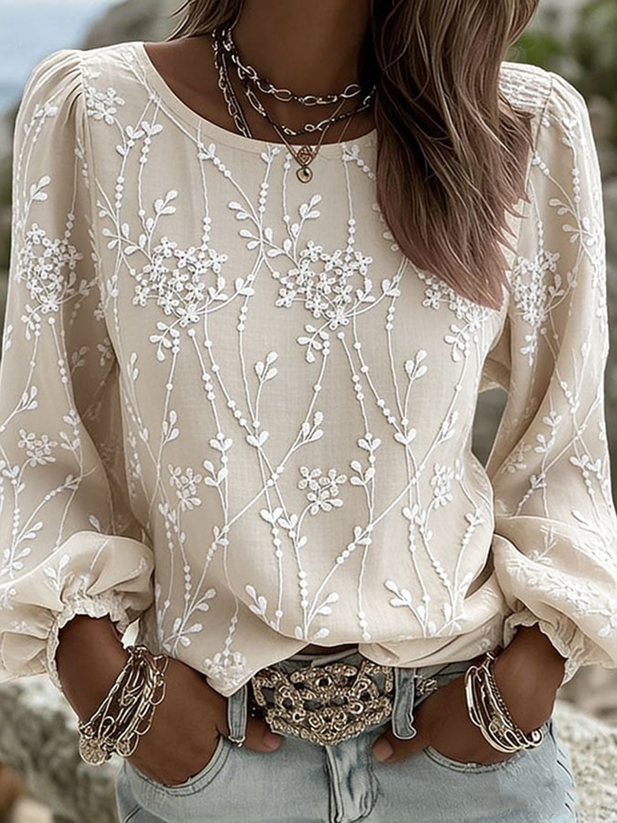 Damesbloem katoen en linnen lang T-shirt