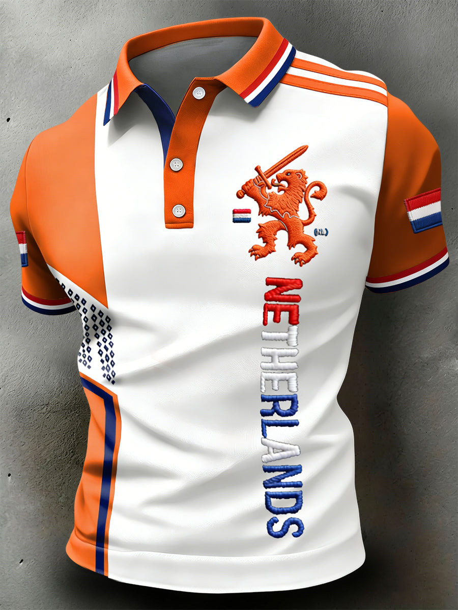 Retro Nederlandse Koningsdag Geometrisch Patchwork Casual Poloshirt