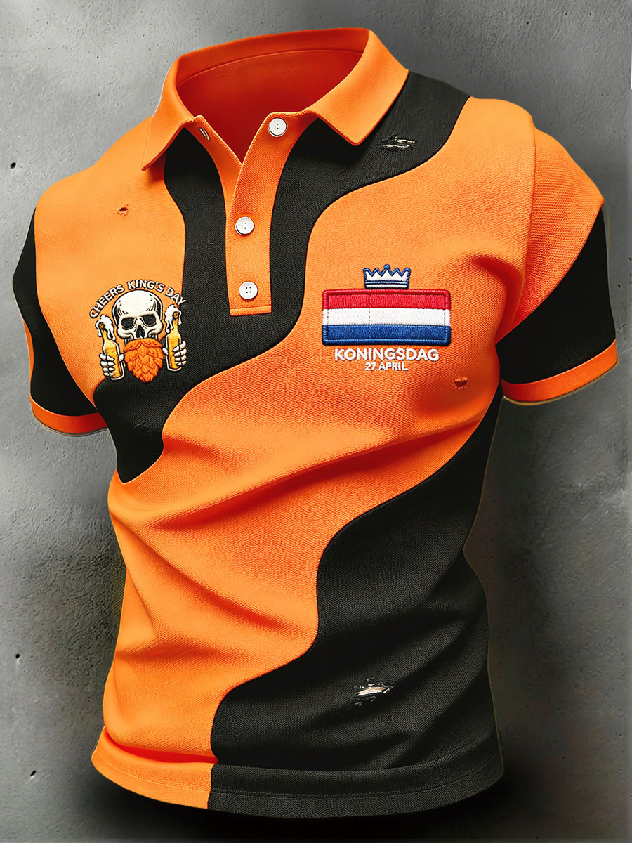 Nederlandse Vlag voor heren Koningsdag print oranje en zwart casual poloshirt