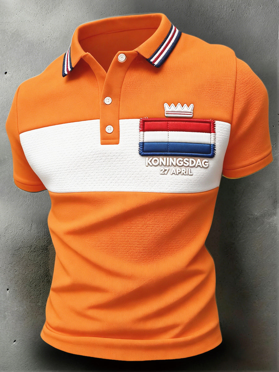 Heren Nederlandse Vlag Koningsdag Patchwork Print Casual Poloshirt