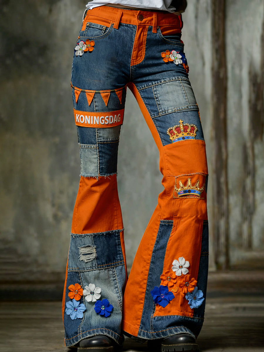 Dames vintage uitlopende broek voor Nederlandse koningsdagvieringen