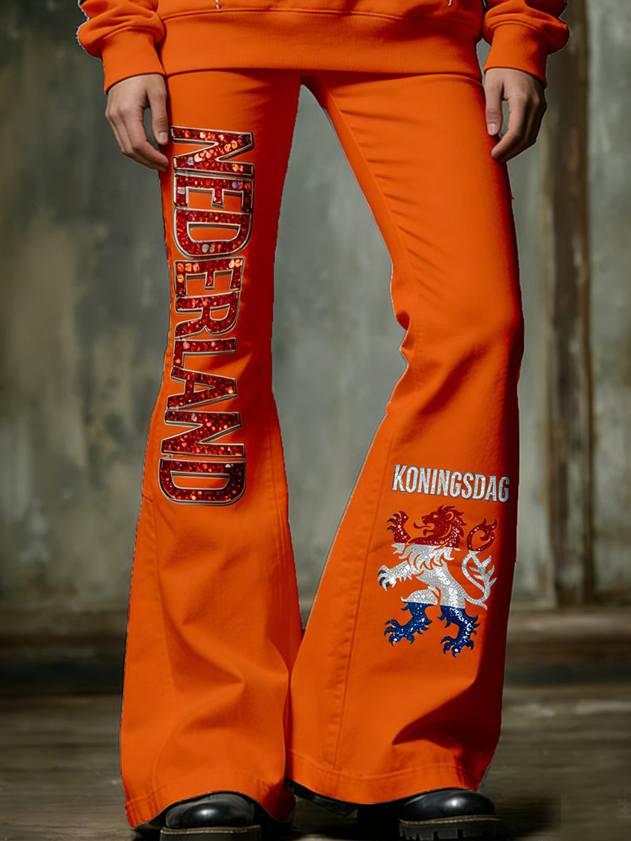 Damesbroeken in vintagestijl met uitlopende pijpen voor de Nederlandse Koningsdagviering