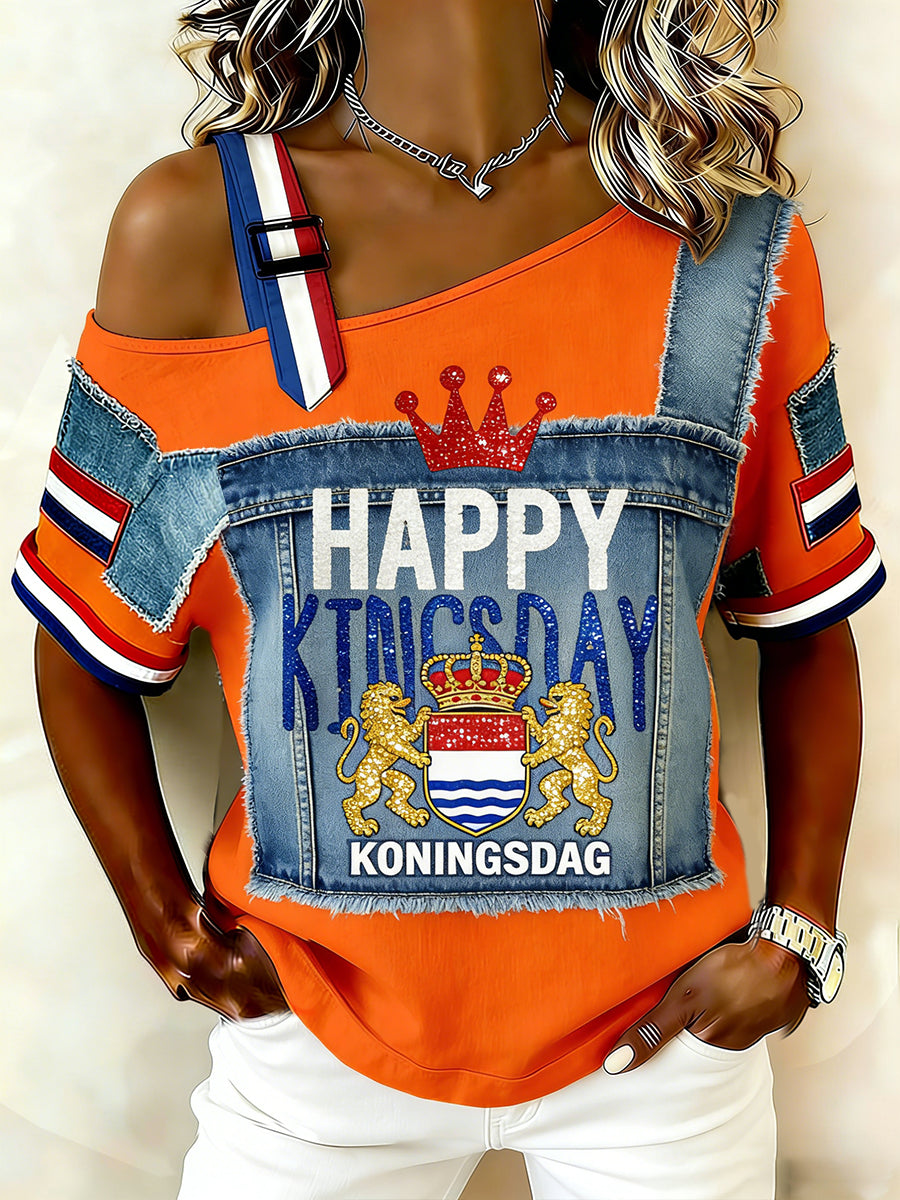 Dames vintage off-shoulder top voor de Nederlandse Koningsdag-viering