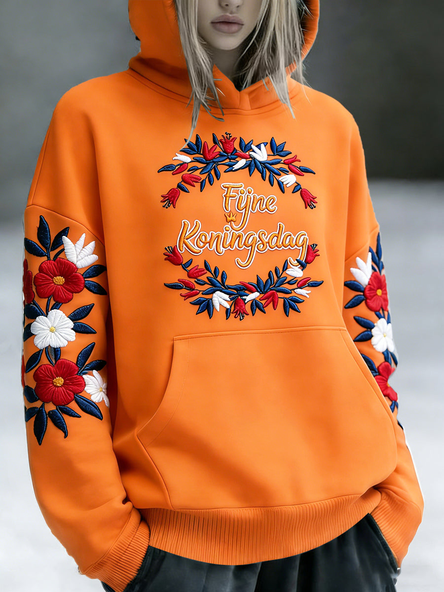Dames Oranje Nederlandse Koningsdag 3D Bloemenprint Casual Sweatshirt met capuchon