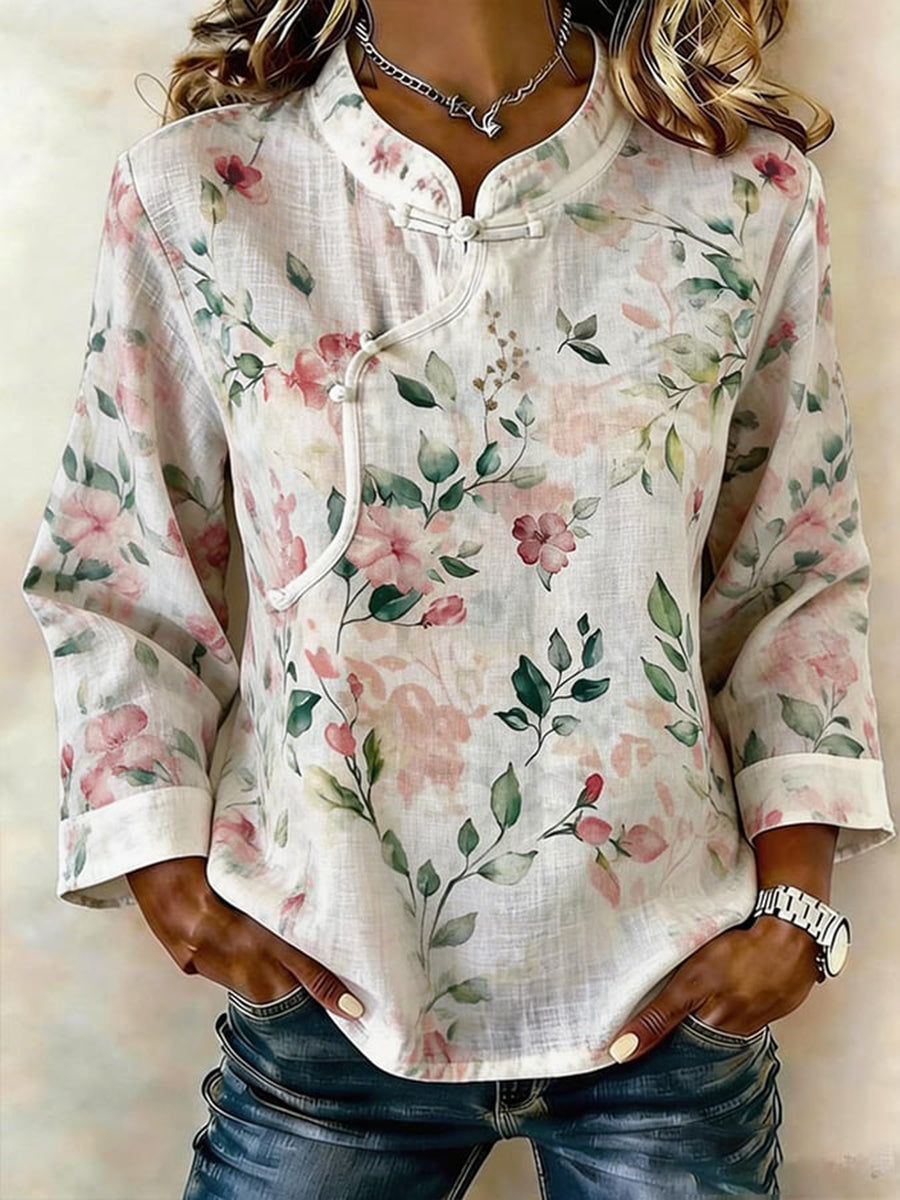 Dames T-shirt van katoen en linnen met bloemenpatroon