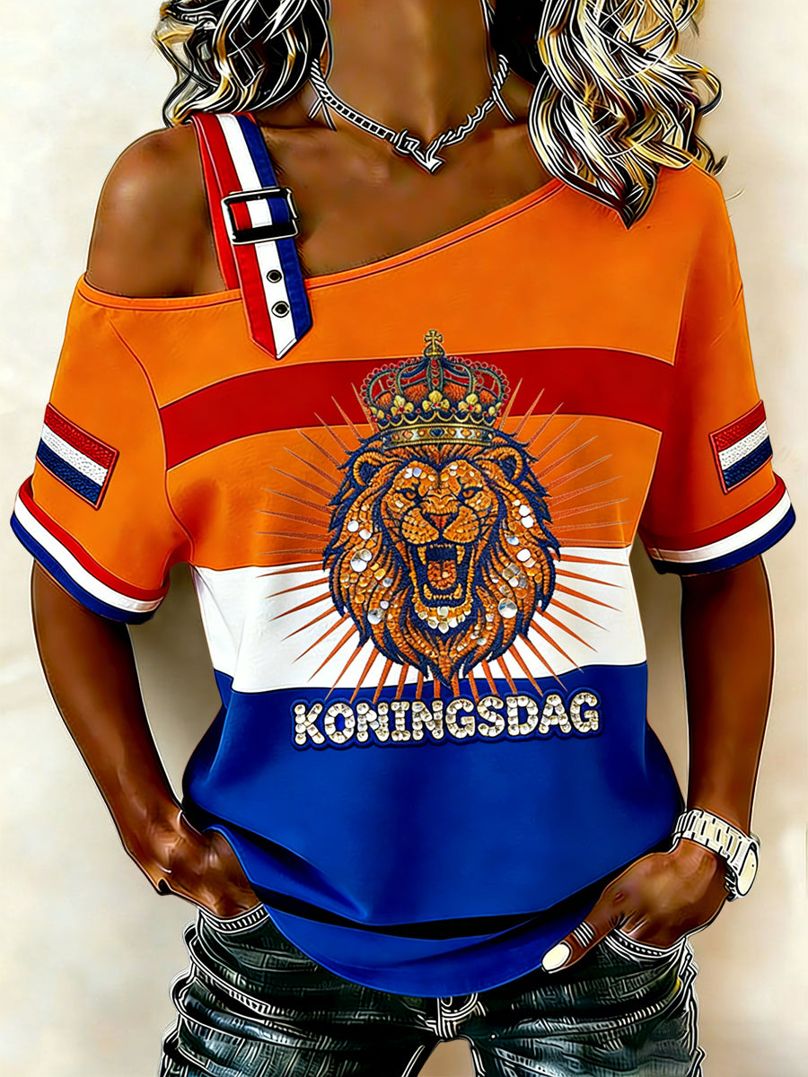 Dames retro koningsdag leeuw casual off-the-shoulder T-shirt