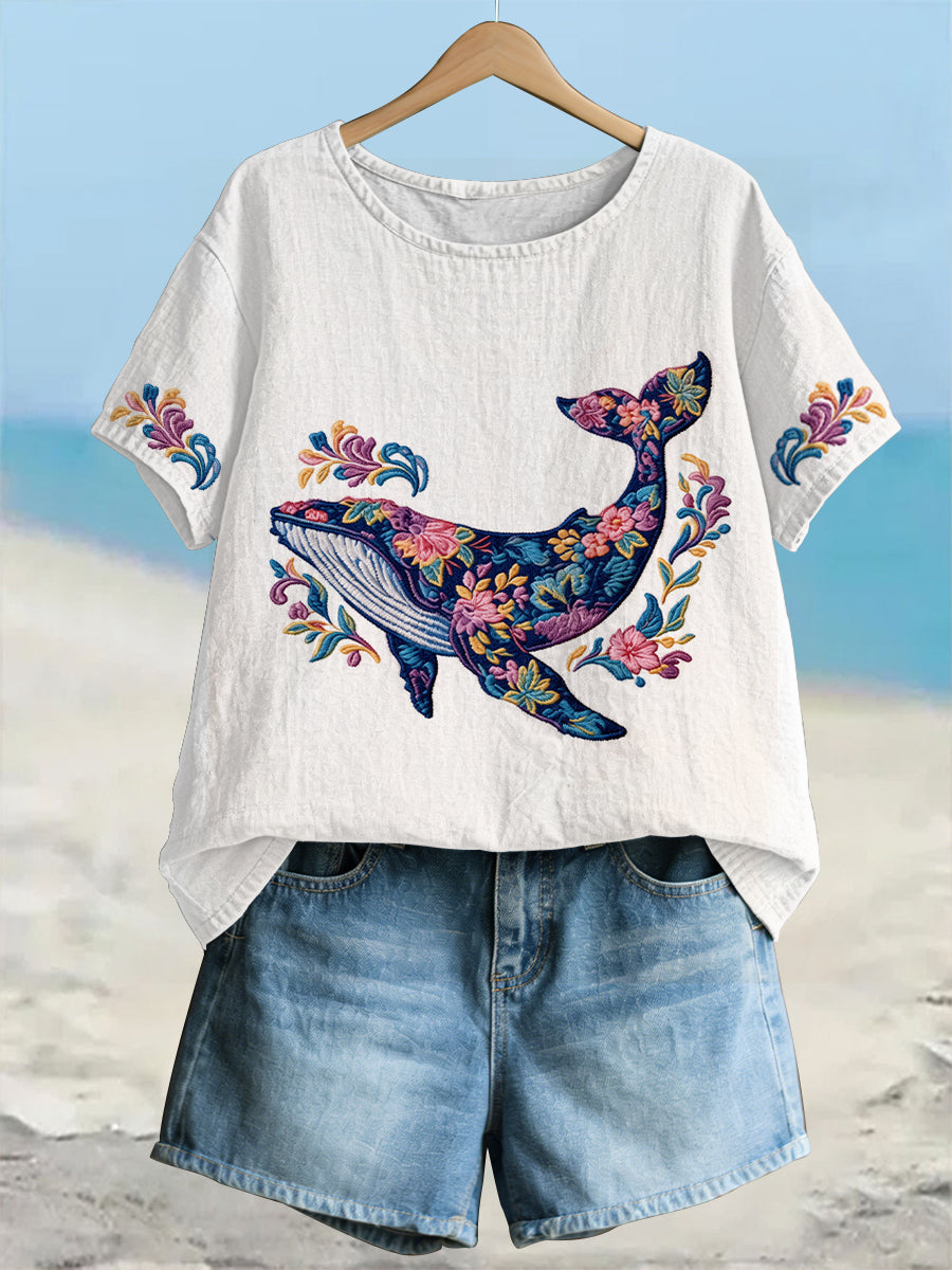 Dameswalvis bloemenkunst linnen T-shirt met korte mouwen