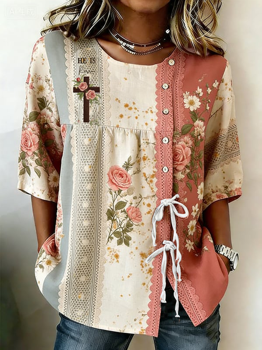 Dames Geloof Bloem Knoopband Katoen En Linnen Overhemd