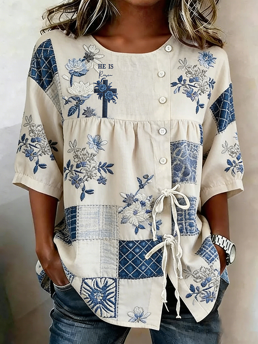 Dames hij is verrezen bloem knoopband katoen en linnen shirt