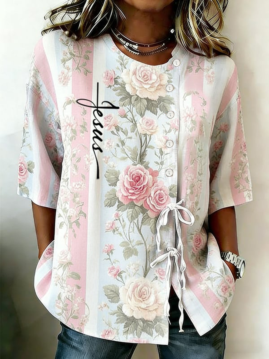 Dames Geloof Bloem Knoopband Katoen En Linnen Overhemd