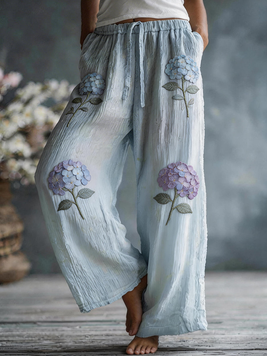 Linnen blend broek met hortensia-patroon voor dames