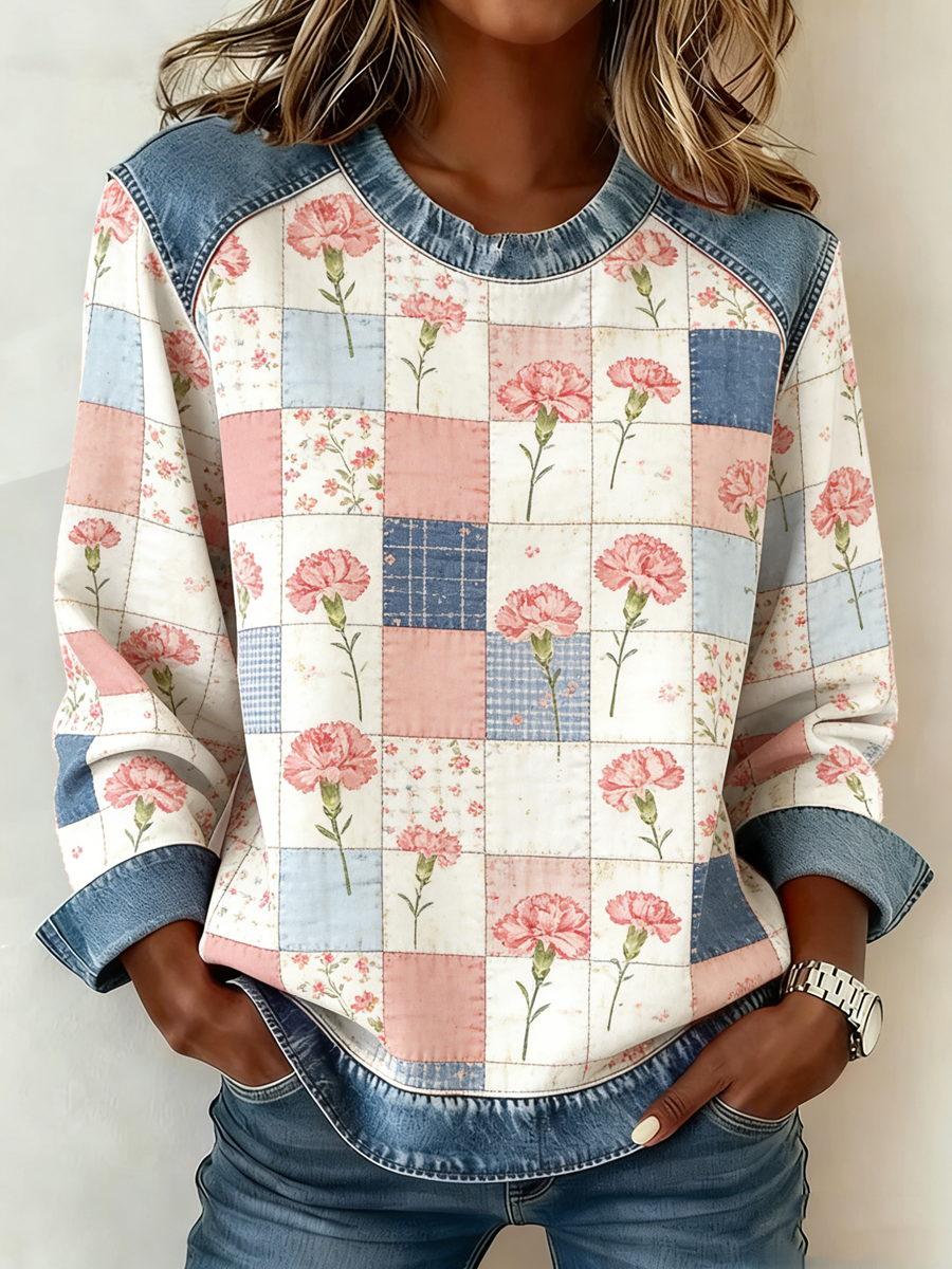 Dames anjer bloemenprint denim patchwork top