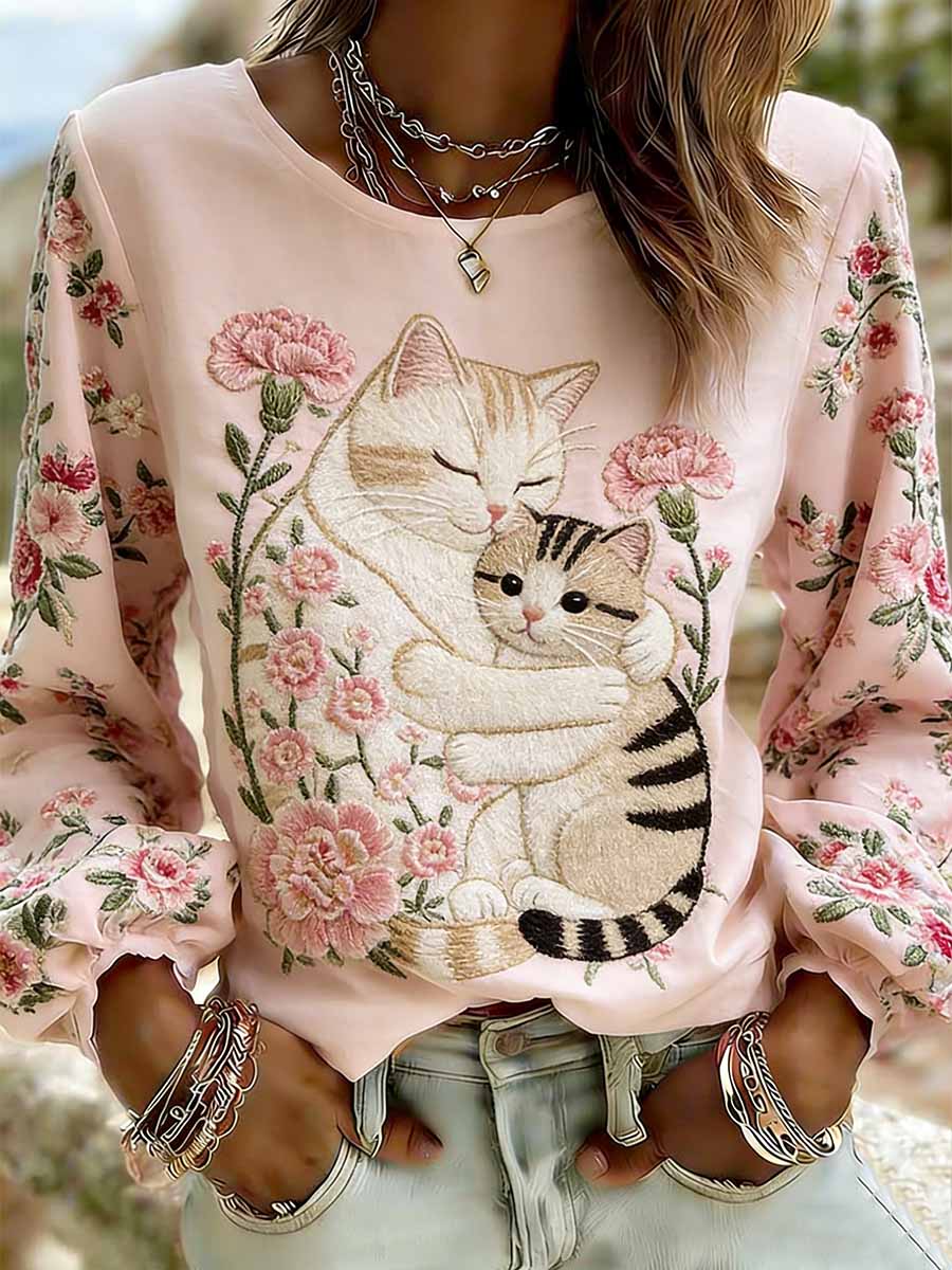 Dames elegante kat moeder liefde patroon bedrukt casual top