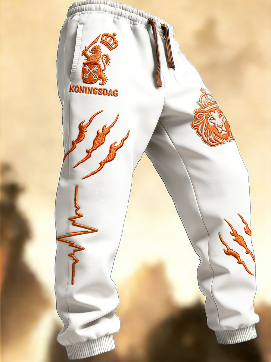 Heren witte Koningsdag-print casual sportbroek