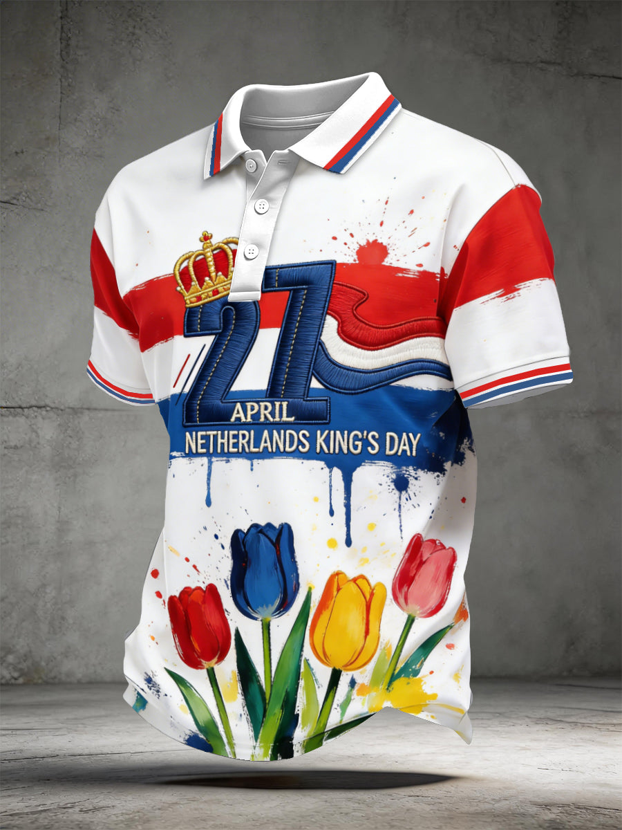 Nederlandse koningsdag tulpenprint casual poloshirt met korte mouwen