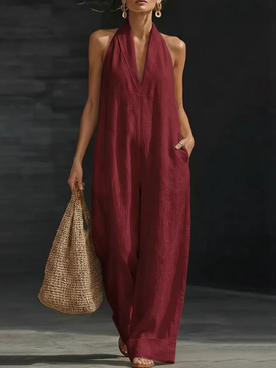 Dames effen katoenen linnen mouwloze jumpsuit