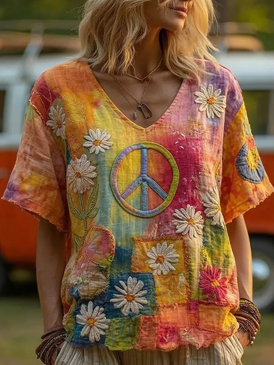 Dames vintage hippie peace madeliefje bloemen patchwork print linnen t-shirt