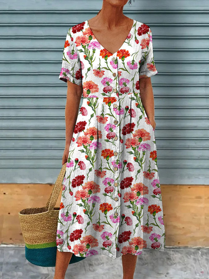 Dames anjers print jurk met V-hals