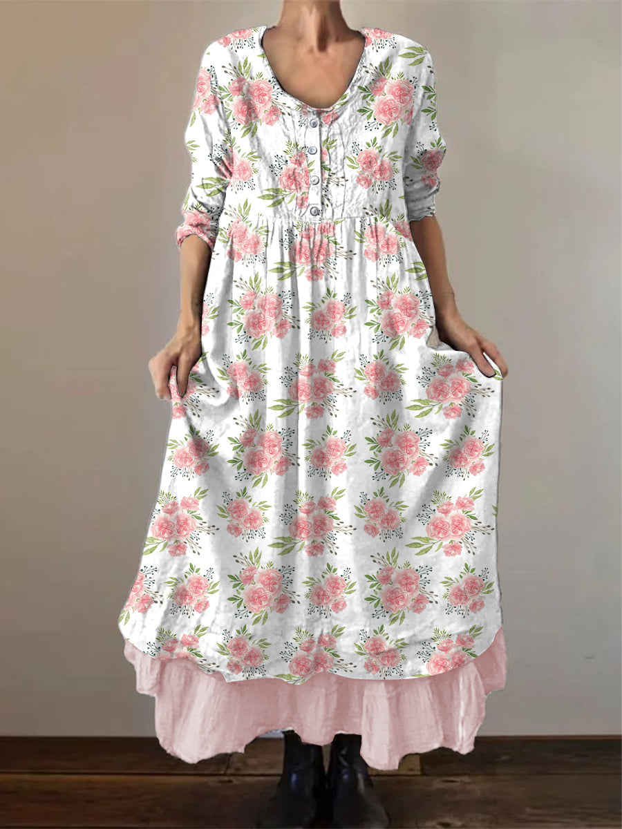 Dames Moederdag Anjers Bloemen Gedrukt Lange mouw Katoenen Linnen Maxi Jurk