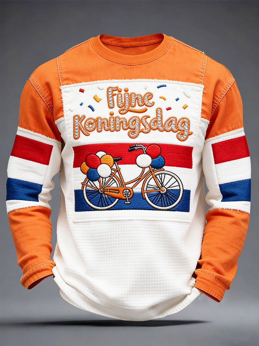 Heren T-shirt met koningsdagprint en patchworkmotief, lange mouwen, casual