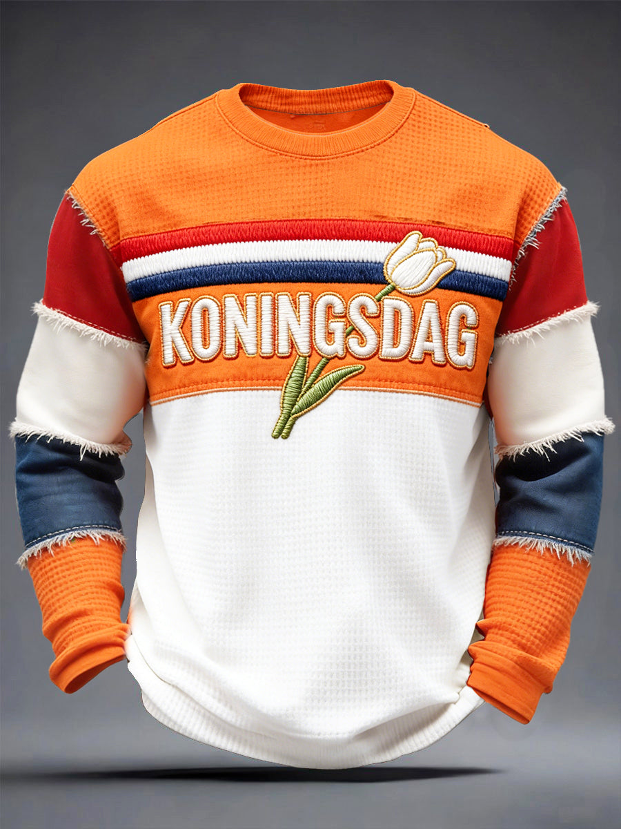 Heren Koningsdag Tulp Nederlandse Vlag Patchwork Print Casual T-shirt met Lange Mouwen