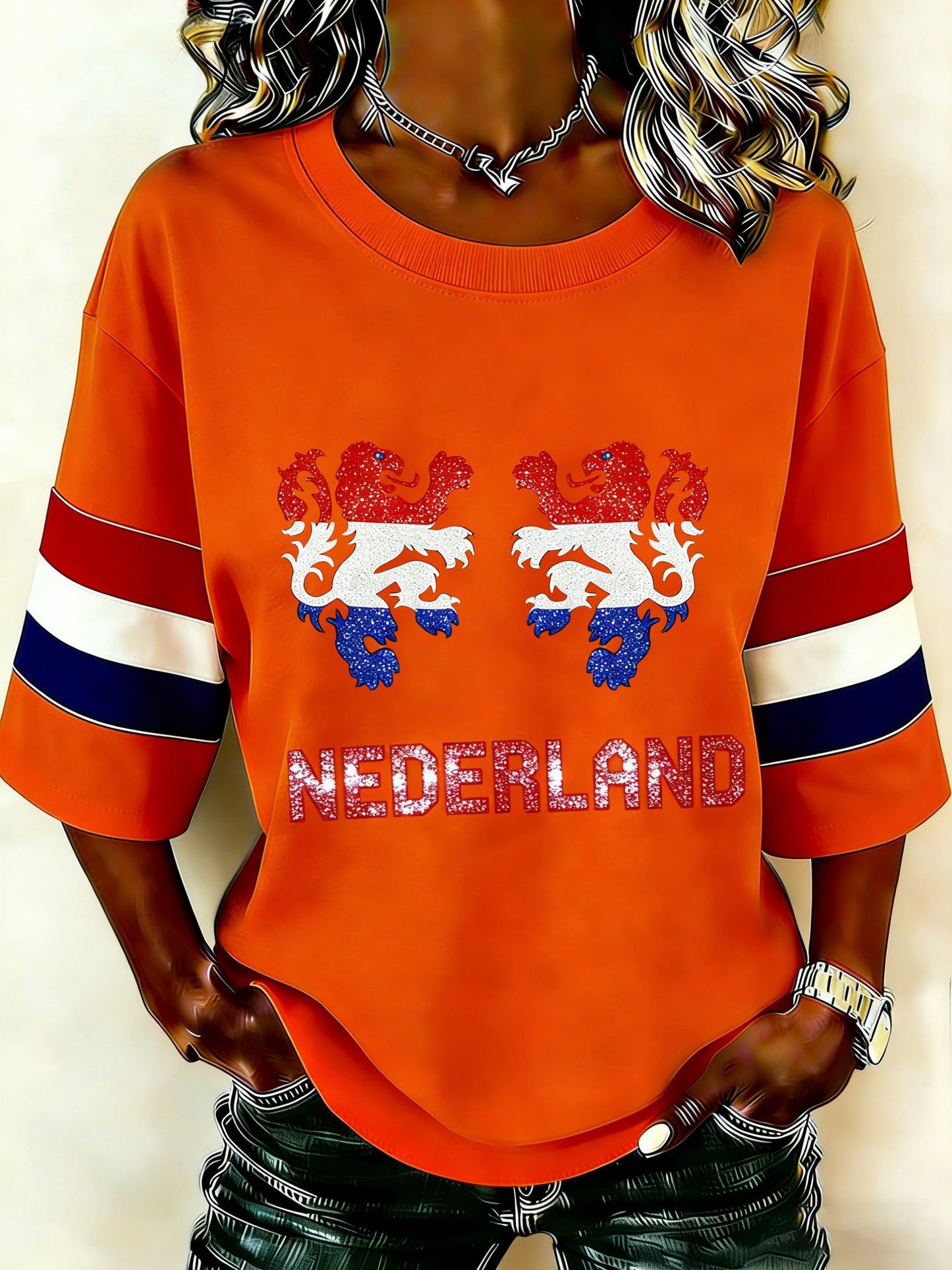 Dames T-shirt met patchwork en kunstprint ter herinnering aan Koningsdag in Nederland