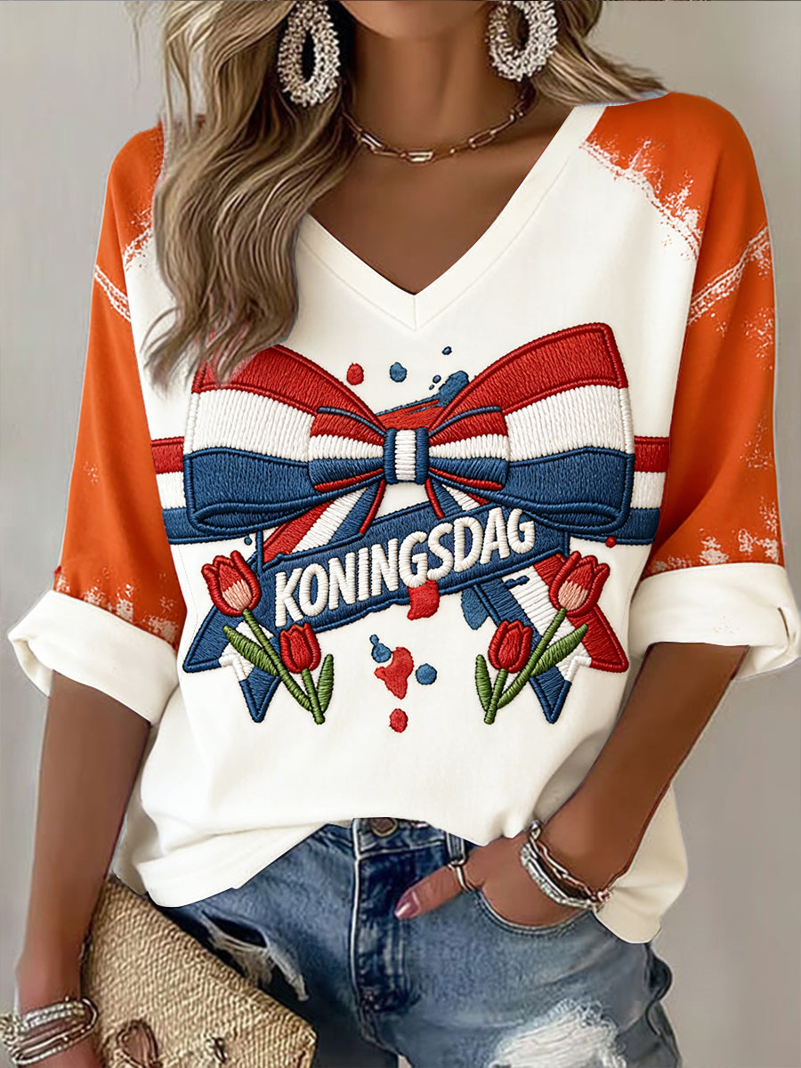 Dames Nederlandse Koningsdag boog 3D-geprinte casual mode V-hals top