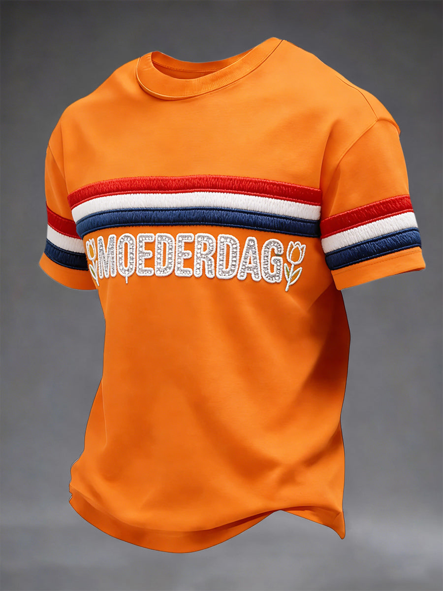 Herenvlag Patchwork “Moederdag” Print Oranje Casual T-shirt