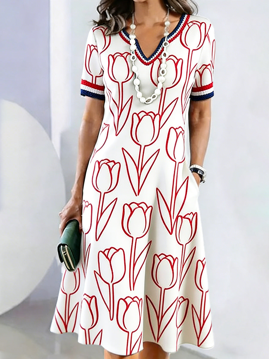 Dames Witte Nederlandse Moederdag Geschenk Tulpenprint Casual V-hals jurk