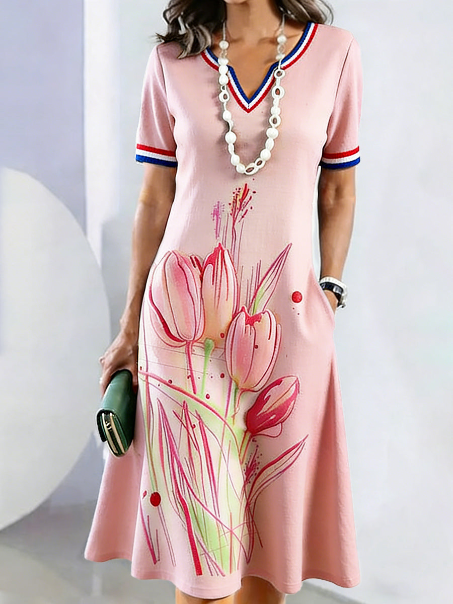 Dames Holland Moederdag Geschenk 3D Tulpenprint Casual V-hals jurk