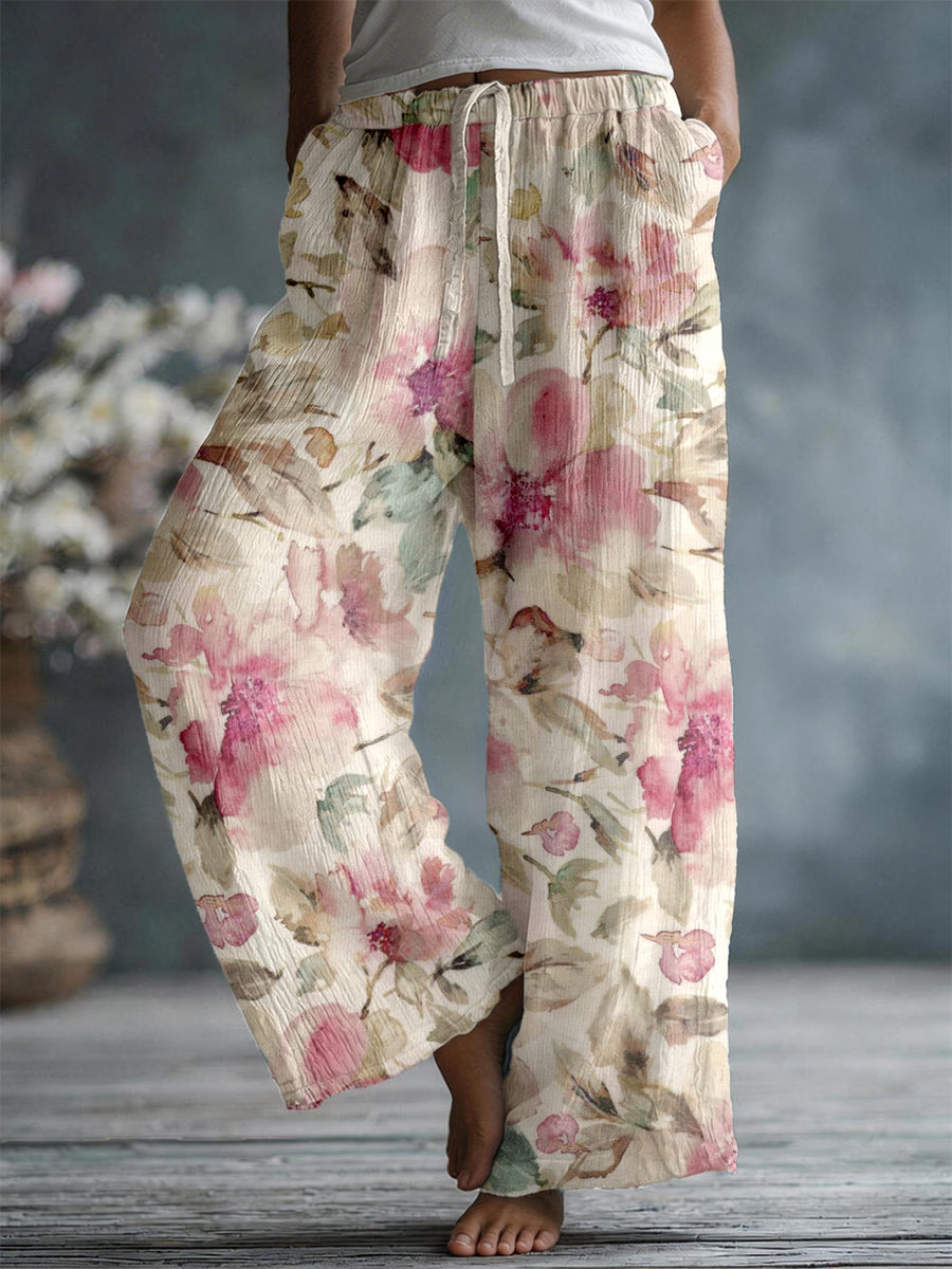 Dames elegante linnen blend broek met bloemenpatroon
