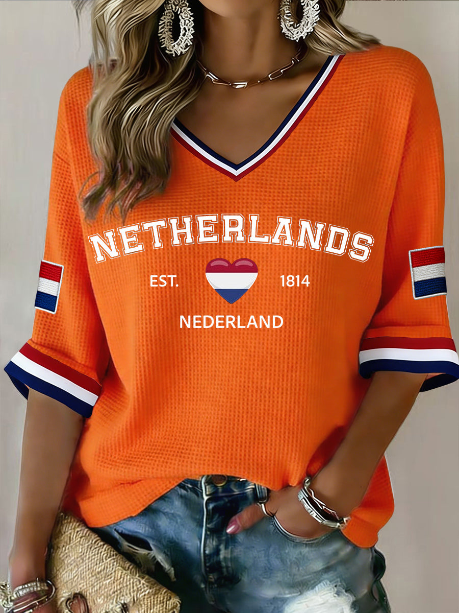 Damesretro Koninginnedag-hartprint casual wafelgeweven topje